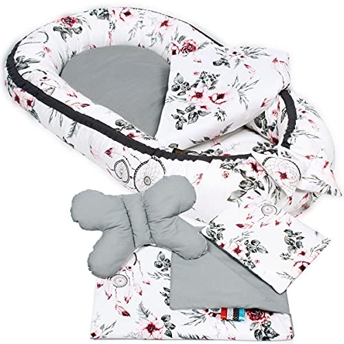 PaLulli Babynest 4-TLG Set 95x55 cm | Babyausstattung mit Matratze & Kuscheldecke | 100% Baumwolle, hypoallergen | Babybett Nestchen für Neugeborene 0-8 Monate (Traumfänger Grau)