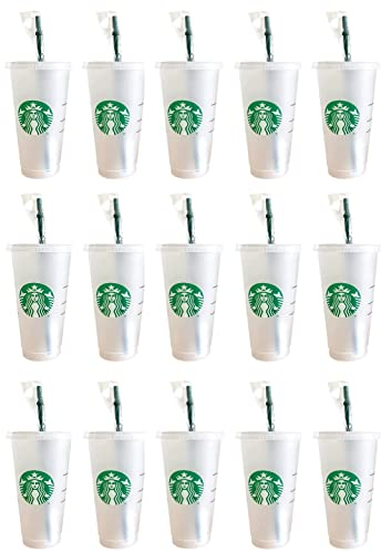Starbucks 15 Pack Bundle - Reusable Frosted 24 oz Cold Cup with Lid and Green Straw w/Stopper