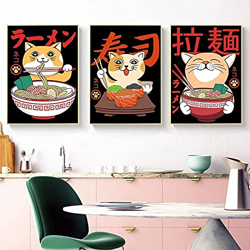 VVBGL Sushi Ramen Leinwand Bild Japanischen Stil Katze Poster Kunstdrucke Essen Phrasen Wand Bilder Modernen Ästhetischen Stil Zimmer Wand Dekor Bild 40x60cmx3 Kein Rahmen, Schwarz & Weiß
