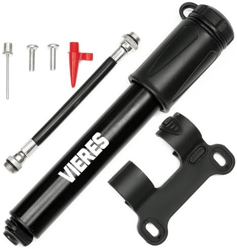 Bike Ball Hand Pump Small Mini Portable Bicycle Tire Quick Easy Tyre Inflation Universal Presta and Schrader Valve Needle Frame Mounted Air Road Travel Aluminium 100PSI Pump
