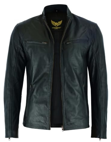 Leatherick Giacca da motociclista in pelle di agnello da uomo - Giacca da motociclista nera resistente e calda con cerniera