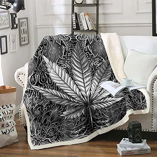 Loussiesd Marihuana Blatt Decke 75x100cm Grau Psychedelische Cannabisblätter Wohndecke Hippie Marihuana Weed Blätter Trippy Hanf Kuscheldecke Flanell Fleecedecke