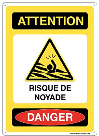 AUA SIGNALETIQUE - Panneau Prépercé (4 Trous) avec Angles arrondis - (350x490 mm, Attention Risque Noyade)