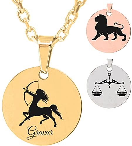 UHRENWELT Anhänger mit Sternzeichen und Kette/eigener Gravur Text auf Vorderseite & Rückseite möglich (Wunschgravur) / in 3 Farben wählbar (Silber/Gold/Rosé) (Gold)