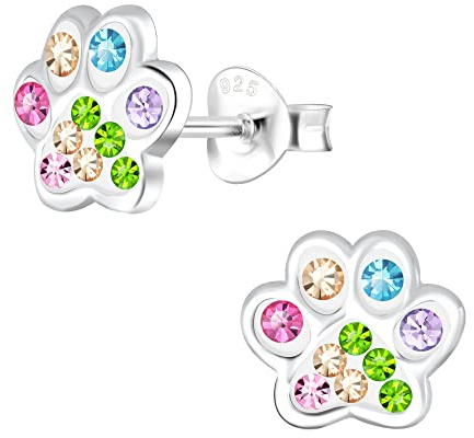 FIVE-D Ohrringe Pfote Tatze Hund 925 Sterling Silber gold Kinder Damen Mächen (Bunt-Hell)