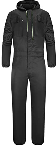 Yukirtiq Mens Hooded Overall Work Wear Dungarees Coverall Polycotton Boiler Suit Hard Wearing Mechanics Boilersuit, Black, XL
