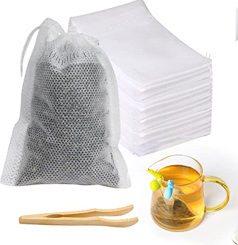 100 Stück Teebeutel für Losen Tee Vliesstoff, BOZILY Feine Teefilter Taschen mit Kordelzug +Teeclip + 2 Teebeutel Leeres Halter, Teefilter Papier Gewürzsäckchen für Tee Kaffee, Gewürz(7 * 9cm)