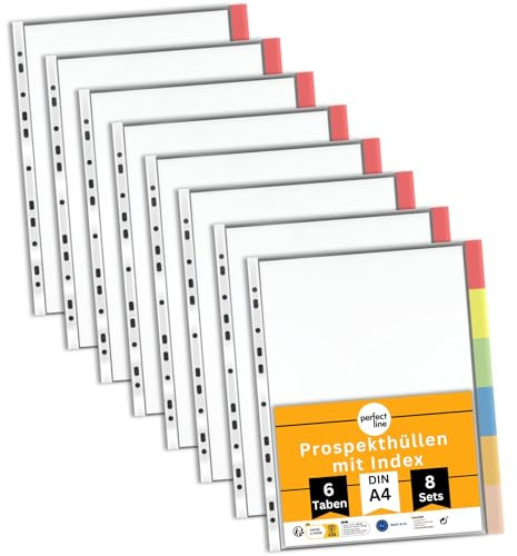 perfect line - 48 Prospekthüllen DIN-A4 mit Index - 8 x 6 Taben - Extra stark, transparent, Register-Hüllen Premium Qualität - farbige austauschbare Taben - dokumentenecht, säurefrei