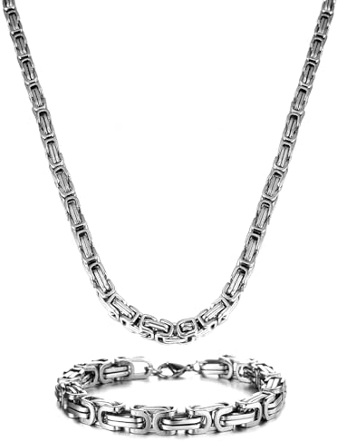 Königskette Silber Herren Edelstahl, 4/5/6/7/8 mm Königskette Halskette aus Edelstahl Armband Set, Edelstahl Halskette für Herren, Länge 51/56/61/66/71 cm(56, Silber-6mm Breite)