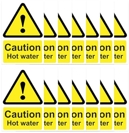 RDLCAR Caution Hot Water Stickers Pack of 14 Durable Kitchen Safety Warning Labels Self Adhesive Vinyl Compact Portrait 60mm x 90mm