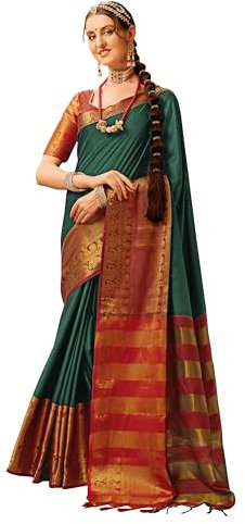 EthnicJunction Sari Kanchipuram en soie mélangée avec chemisier pour femme, Bouteille d'algues vertes, taille unique