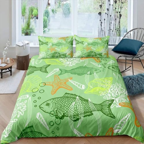 Sezhiqeu Fische Seesterne Muscheln Bettwäsche 135x200, 3D Muster Weich Mikrofaser Winter Bettwäsche-Sets Unterwasser-Tiere Bettbezug + 2 Kissenbezug 80x80 cm mit Reißverschluss B-115