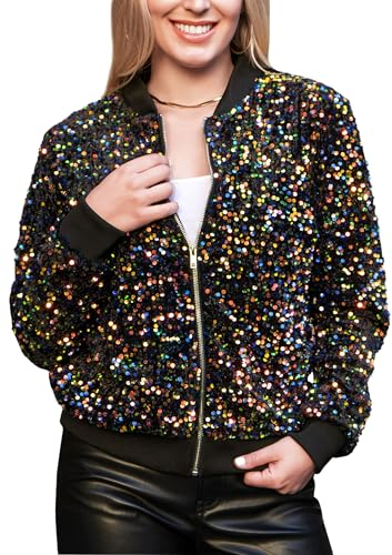 ANNA-KACI Damen Pailletten Jacke Langarm Party Club Metallic Glitzer Sequin Bomberjacke, Bunt, Small