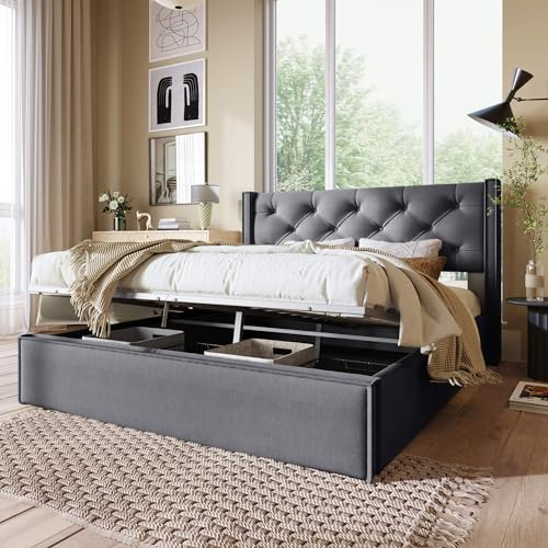 Boxspringbett Doppelbett Polsterbett 160*200CM, Bett mit Lattenrost aus Metallrahmen & Bettkasten, Hydraulisch Stauraumbett mit Großer Stauraum & höhenverstellbares Kopfteil (Ohne Matratze, Grau)