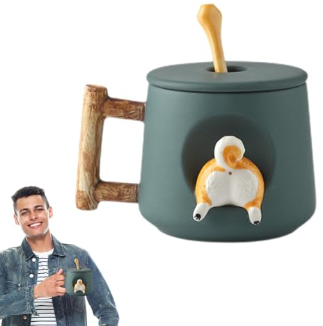 HAMIL Dog Mug with Lid,Couple Coffee Mug - Ceramic Coffee Mug with Lid and Matching Spoon, 420ml Novelty 3D Dog Pattern Mug for Tea Milk Chocolate Juice