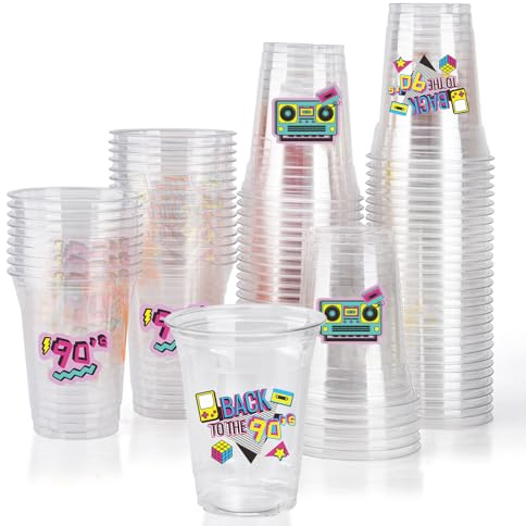 Datyiiha 150 Pack 90's Party Plastic Cups 12 oz Back to 90s Disposable Drinkware Cups for Retro Music Party Decorations Throwback Dance Birthday Party Supplies