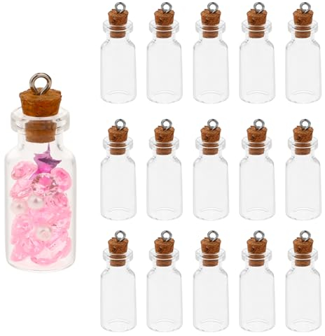 Jeffdad 15 mini botellas de vidrio de 35 x 16 mm con corcho, mini botella de cristal transparente de 3 ml, pequeños tarros de vidrio para proyectos de arte y manualidades, decoración de joyas,
