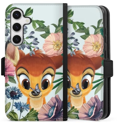 Klapphülle kompatibel mit Samsung Galaxy S24 Handyhülle aus Kunst Leder schwarz Flip Case Disney Blumen Bambi