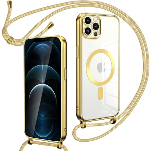 Oelrstfe Magnetische handyband mit Band für iPhone 12 Pro Max Hülle - Necklace HandyHülle Transparente zum Umhängen mit justierbarer und Abnehmbarer Kette, Crossbody Magnet Clear Cover - Gold