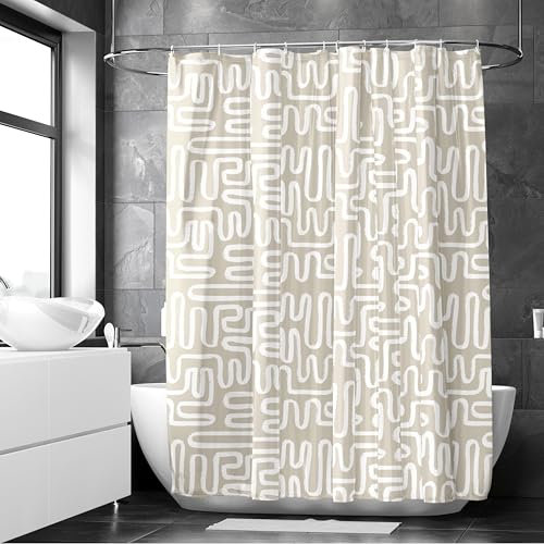 Encasa XO Rideaux de Douche de Salle de Bain | Tissu imperméable de qualité Plus Lourde | 180x210 cm | 10 Crochets gratuits Inclus - Bohème Labyrinthe Beige