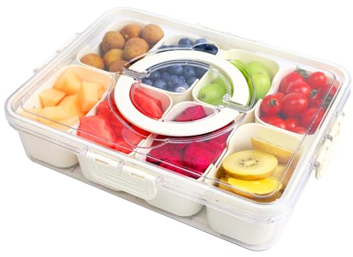 AHOUGER Compartment Serving Tray with Easy-Carry Handle - Lid & Detachable Snack Box, 8 Segment Food Storage, Perfect Lunch Organizer for Fruits, Charcuterie and Salads for Travel and Parties