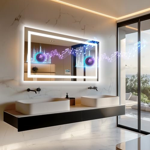 LUVODI Badspiegel mit Bluetooth 100x60cm: Badezimmer Spiegel mit Beleuchtung und Entfoggen, 3 Farbtemperaturen, Speicherfunktion, Dimmbar, IP56 Led Schminkspiegel