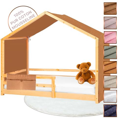 Lovely Hippo Hausbett Himmel - 100% Baumwolle Betthimmel Hausbett aus Musselin - Bett Vorhang Kinderbett - Himmelbett Vorhänge für 90x200 (Kakao/Gold Tasche, 97 x 402cm)