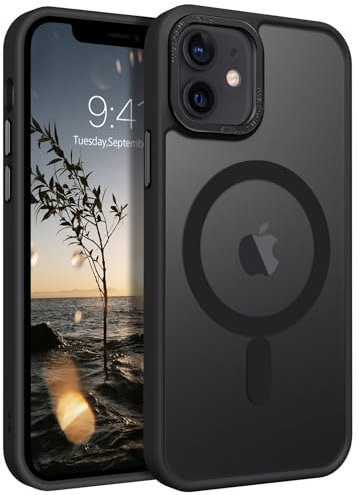 DUEDUE Cover Magnetica per iPhone 12 Mini 5.4[Compatibile con MagSafe], Custodia Opaca per iPhone 12 Mini Case con Pulsante metallico Ultra-Sottile TPU Silicone Anti-Scivolo, Nero