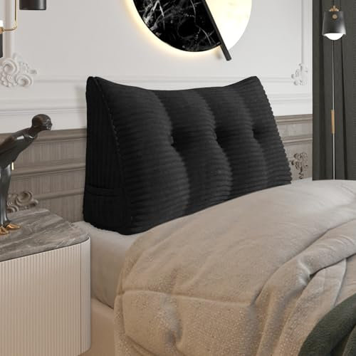 BNCKTRD Dicklich Rückenkissen Lesekissen für Bett und Couch, Rückenlehne Kopfende, Dreieckiges Sofakissen Bücherkissen, Wandkissen für Bett Herbst Winter, Kordsamt Schwarz 100cm