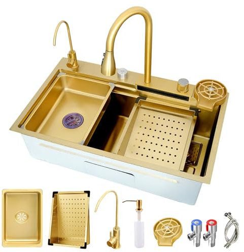 AIVANOTO Goldene Wasserfall-Küchenspüle, Mit Ausziehbarem Wasserhahn, Kleinem Becken, Tassenspüle, Abfluss-Sets, Küchenbar-Spüle Aus Edelstahl, Nanobeschichtete Einzelspüle, Aufsatz(Gold,80x45x21cm)