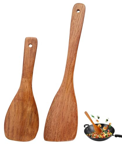 2 Piezas Utensilios de Cocina Madera, Espátulas de Madera para Cocinar | Espátula Madera Cocina Plana para Cocina con Mango Largo para Sartén, Utensilios de Cocina (33 cm+23 cm)