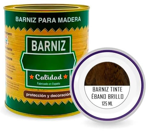 Tradineur - Bote de Barniz para Madera - Fabricado en España - Ideal para todo tipo de Maderas, vigas, cerchas, marcos, etc. - Capacidad de 125 ML - Ébano Brillo