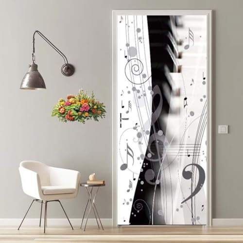 Türfolie Selbstklebend 3D Türaufkleber Musik-Symbol Schwarz Und Weiß Türtapete Selbstklebend Türposter 90X200 cm Türverkleidung Türtattoo Poster Tapete für Wohnzimmer Schlafzimmer Küche Bad -MT620