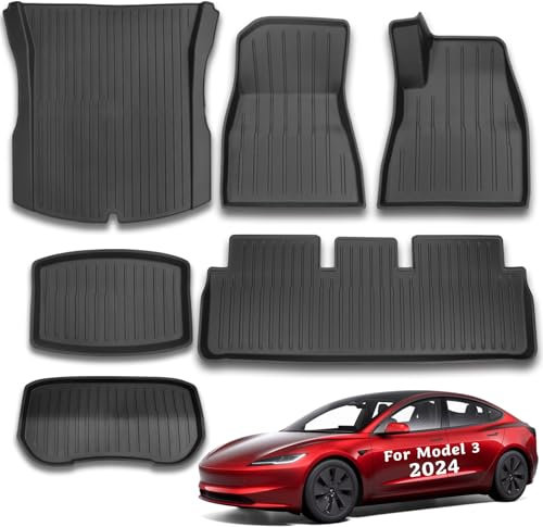 CYBERBEANS 6Pcs Fit for Tesla Model 3 Highland Accessories 2024 2025 Floor Mats and Cargo Liner All-Weather TPE Boot Mats