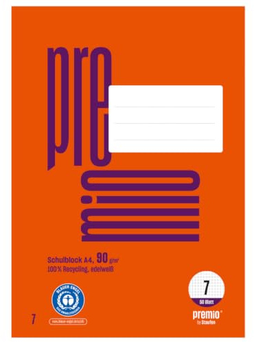 Staufen Premio Schulblock - 5 Blöcke à 50 Blatt, DIN A4, kariert 7 mm | Lineatur 7, 100% Recyclingpapier, zertifiziert mit dem Blauen Engel, abgerundete Ecken, 90 g/m² Papier