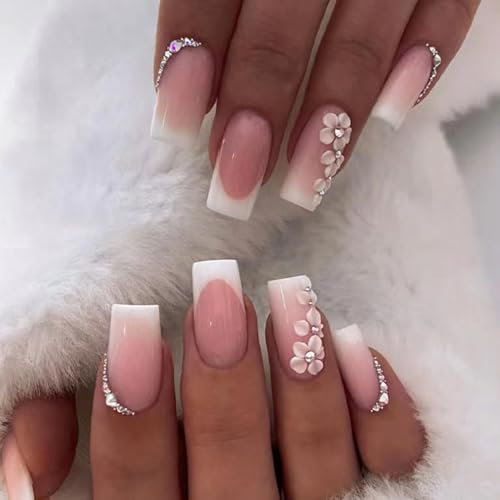 French False Nails - 24pcs Pink Gradient Press On Nails - Acrylic French Tip Fake Nails with Rhinestones & Flowers - Glossy Long Square False Nails with Glue for Women
