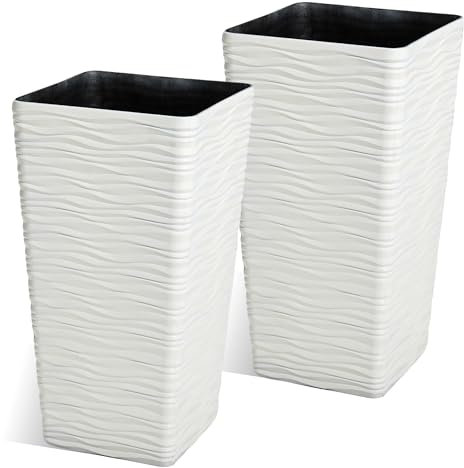 JonesHouseDeco Fioriera per albero alto bianco, 2 pezzi, quadrata, alta 55 cm, conica, per interni ed esterni, moderna finitura ondulata, vasi da fiori decorativi, per porte d'ingresso, per