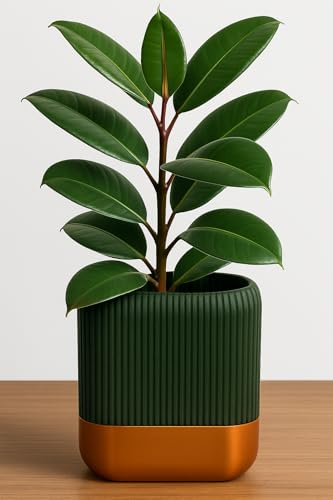 Modern Self-Watering Plant Pot, Ribbed 3D Printed Planter with Copper coloured Base, (Metalic Green)