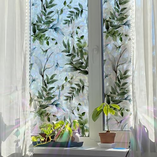 Runtoo Window Privacy Film Rainbow Green Leaves Window Clings 3D Decorative Vinyl Stained Glass Botanical Decals Static Sticker Non-Adhesive, 15.75 x 40 inches