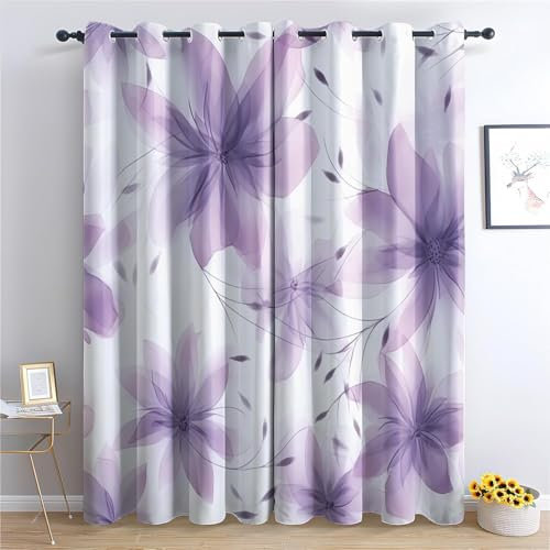 TMMDH Lila Blüten Blickdichte Gardinen Schlafzimmer Thermovorhang mit öSen 2er Set H 250 X B 140 cm Blumendruck VerdunklungsvorhäNge Schallschutz Vorhang