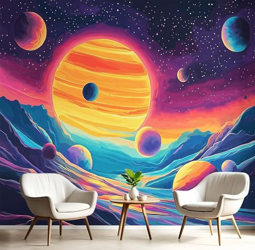 Fotomural Espacio Exterior Mágico Planeta Montaña, Fotomural para paredes, Mural seda Decorativo, Varias Medidas 400×280 CM Decoración comedores, salones, habitaciones