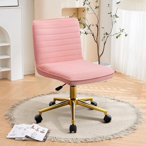 Hellove Sedia da Trucco con Ruote, Sedia Scrivania Girevole Regolabile in Altezza con oro Metallo Base, Make Up Vanity Chair, Sgabello da Trucco con Schienale per Camere da Letto,Ufficio,Rosa-Velluto
