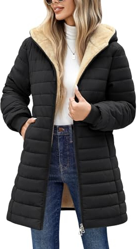 Tuopuda Steppjacke Damen Winterjacke Fleecejacke mit Kapuze Wintermantel Warme Lang Damen-Jacken Daunenjacke Puffer Mantel Winter Herbstjacke mit Taschen, Schwarz, L