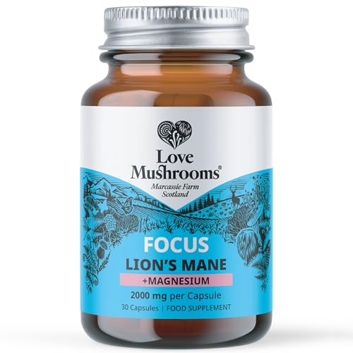 Love Mushrooms Lion’s Mane Plus Magnesium Capsules 2,000mg Lion’s Mane & 516mg Magnesium | Mushroom & Mineral Supplement for Cognitive Support, Relaxation & Muscle Health | Vegan, UK Made | 30 Capsule