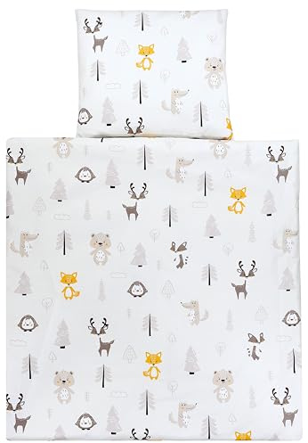 TupTam Unisex Baby Wiegenset 4-teilig Bettwäsche-Set: Bettdecke und Kopfkissen mit Bezug, Farbe: Wald/Fuchs/REH/Igel/Bärchen/Beige, Größe: 80x80 cm