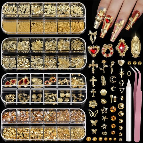 Lilbitty Gold Nail Charms et Nail Gems Set, 4 Boîtes de Perles et Strass à Ongles, Charms 3D Croix Coeur pour Ongles, Accessoires Nail Art avec Pinces et Stylo à Cire