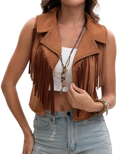 Maeau Women's Fringe Vest Western Vest Cowgirl Concert Outfits XS-L | Faux Suede Tassel Vest, Country Concert Cowboy Outfits, 70s Festival Outfits, Chic Rave Tank Tops