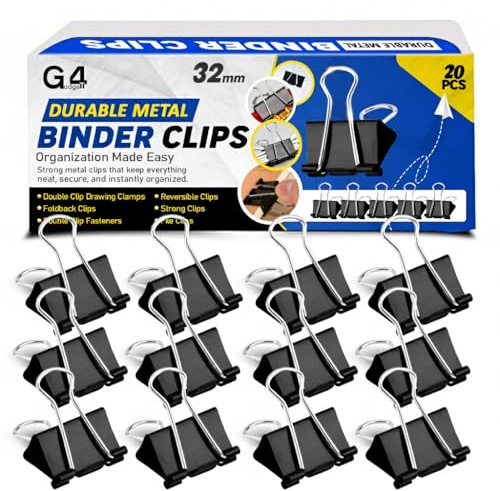 G4GADGET Binder Clips 32mm Black, 20 Pack Medium Foldback/Bulldog Clips, Strong Metal Paper Binder Clips for Office School Home Filing & Organising