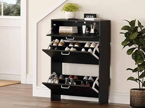 Bonnlo Schuhschrank mit 2 Klappen und 1 Schublade, Schuhregal Schmal, Schuhaufbewahrung, Schuhkipper, für Flur,Wohnzimmer und Eingangsbereich, 63.5 * 24 * 94 cm,Schwarz