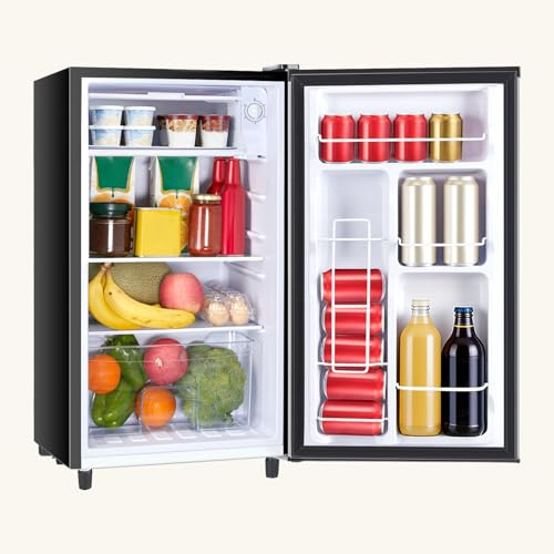 KMFurnila Mini-Kühlschrank mit Gefrierfach, Mini-Kühlschrank, 10 cm, kleiner Getränkekühlschrank mit verstellbarem Thermostat, für Schlafzimmer, Büro, Schlafzimmer, Einzeltür